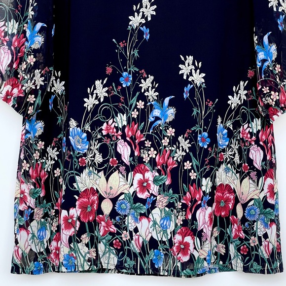DJT Shift Chiffon Dress 3/4 Sleeve Elastic Cuff Knee Length Floral Print Lined - Picture 8 of 14